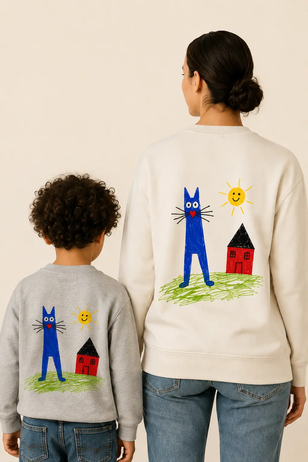 Volwassene en kind met een kindertekening op de rug van hun sweater