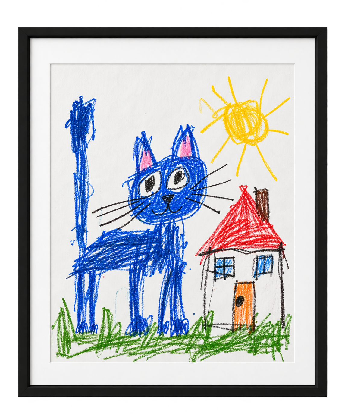 Ingelijste kindertekening aan een witte museumwand met museumkaartje
